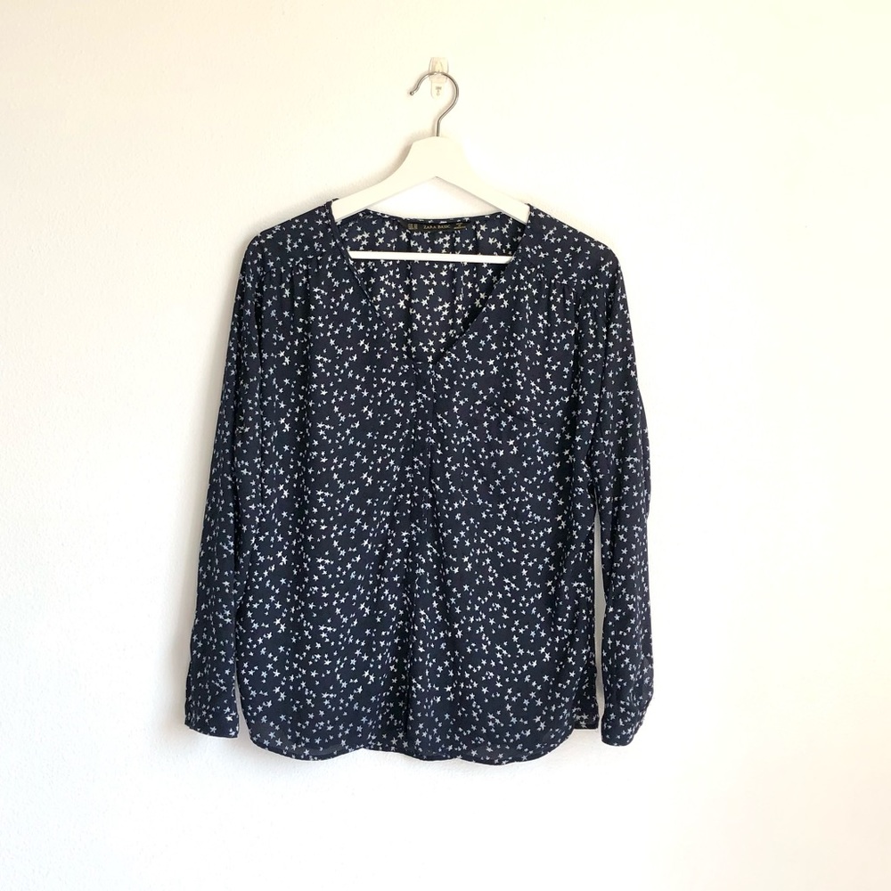 Zara Navy Blue Star Chiffon Long Sleeve Button Up Blouse Size XS - Picture 1 of 12